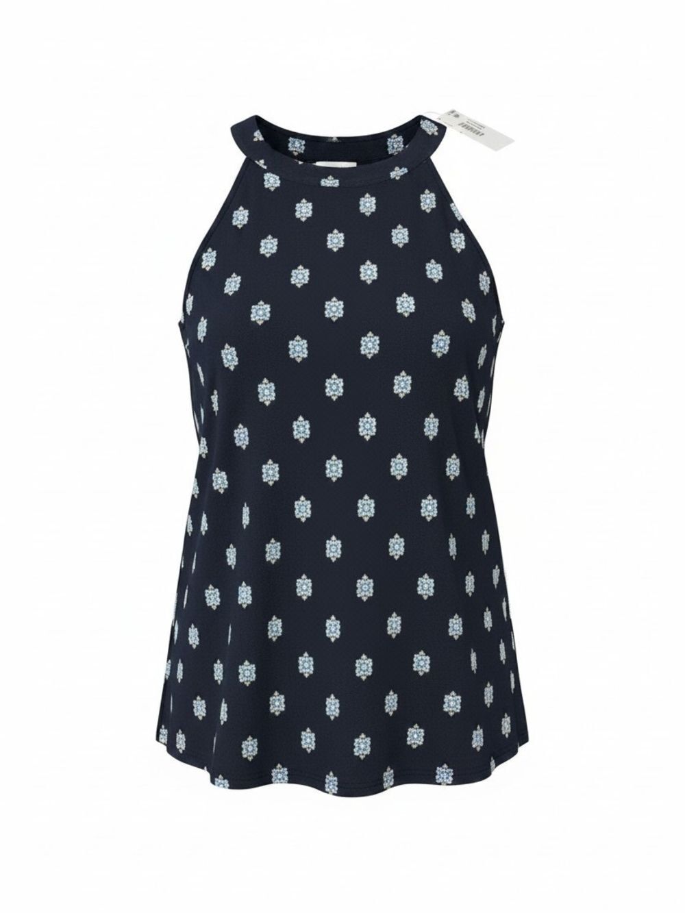 J. Jill Navy Halter Top with Light Blue and Cream Medallion Print Medium